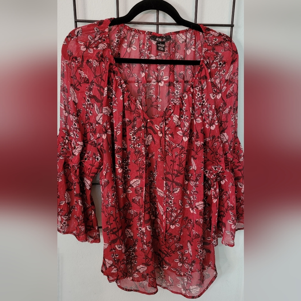 Flowing blouse boho sheer BURGUNDY with gold thread detail. STYLE & CO. Size LG